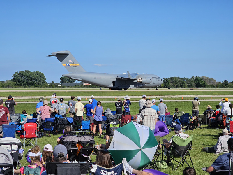 A C-17 after landing, while reversing